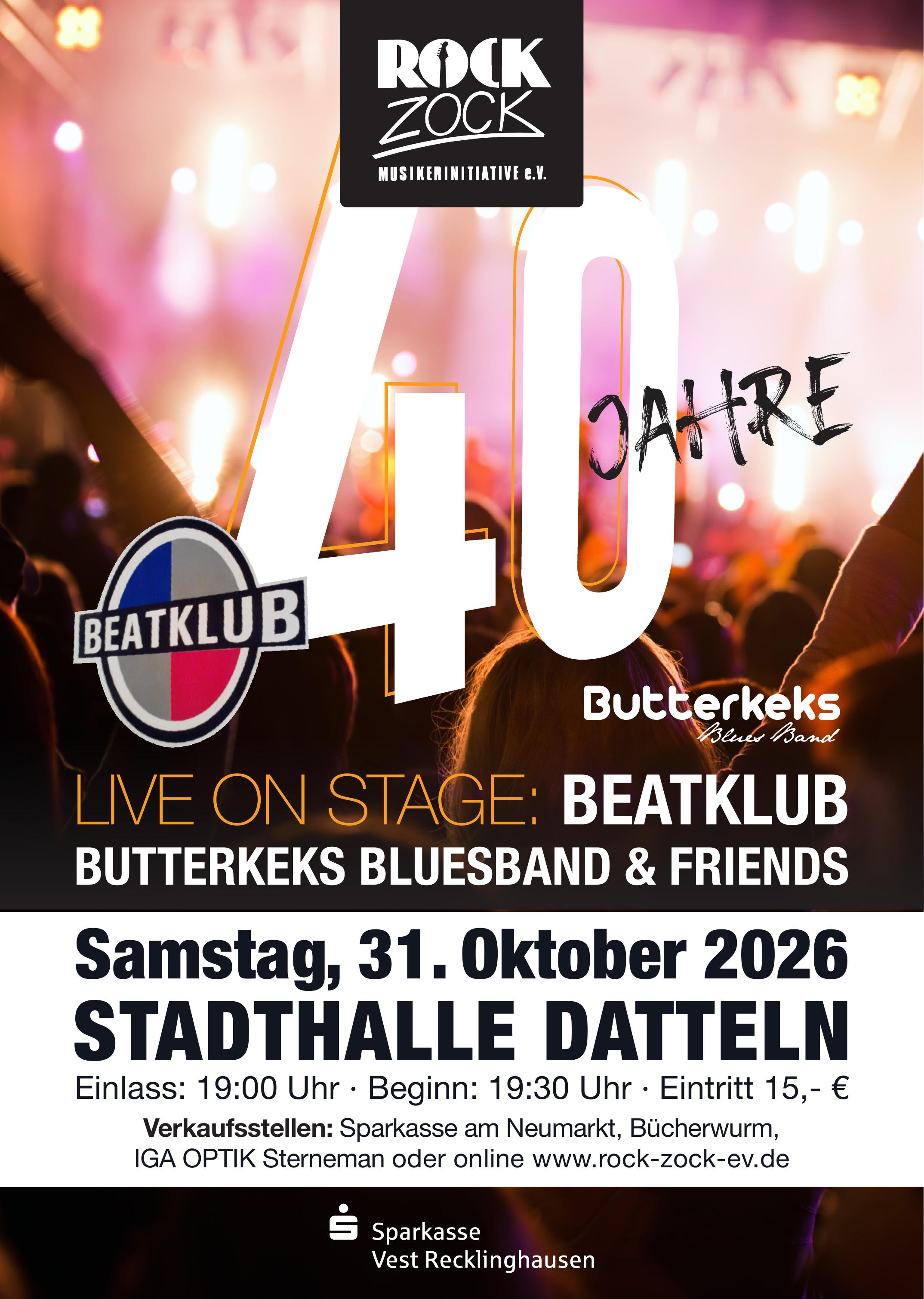 Plakat zur Jubiläumsveranstaltung 40 Jahre Rock Zock am 31. Oktober 2026 in der Stadthalle Datteln